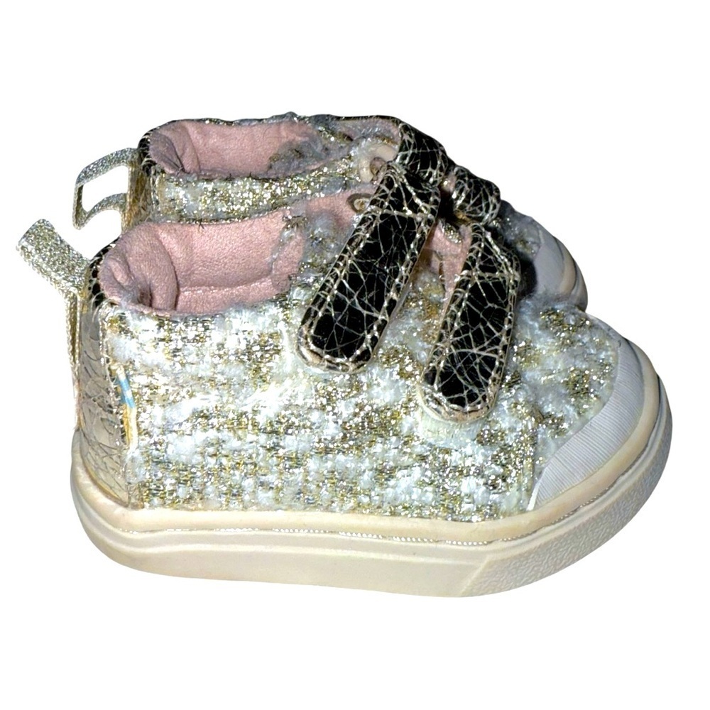 TOMS Girls Gold Tweed Glitter Velcro Sneakers Size T2 Toddler Sparkle Shoes